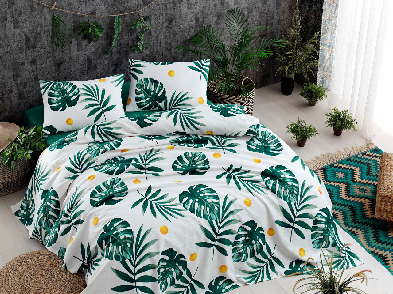 Set cuvertura pique dubla, L'essentiel Maison, Monstera, Verde / Alb / Galben - imagine 3